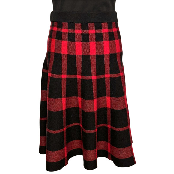 Grace Elements Black Red Plaid Knit Flare Skirt Medium Preppy Holiday - Picture 1 of 5
